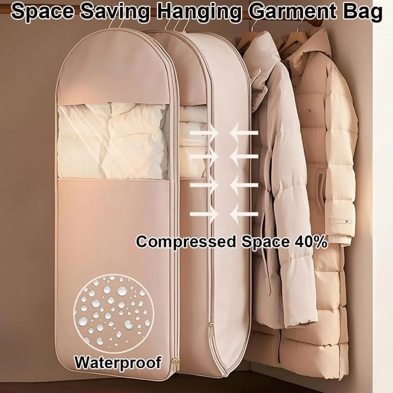 Space Saving Hanging Garment Bag with Self Compression Zipper, Dust Cover Clothes Bags for Down Coat,Space Saver Closet Organizers, for Moving or Storaging Clothes (Beige,XL)