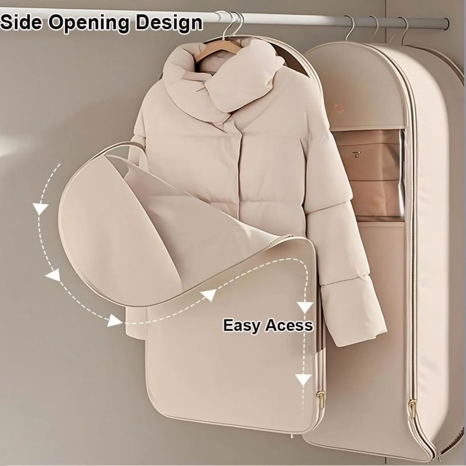 Space Saving Hanging Garment Bag with Self Compression Zipper, Dust Cover Clothes Bags for Down Coat,Space Saver Closet Organizers, for Moving or Storaging Clothes (Beige,XL)