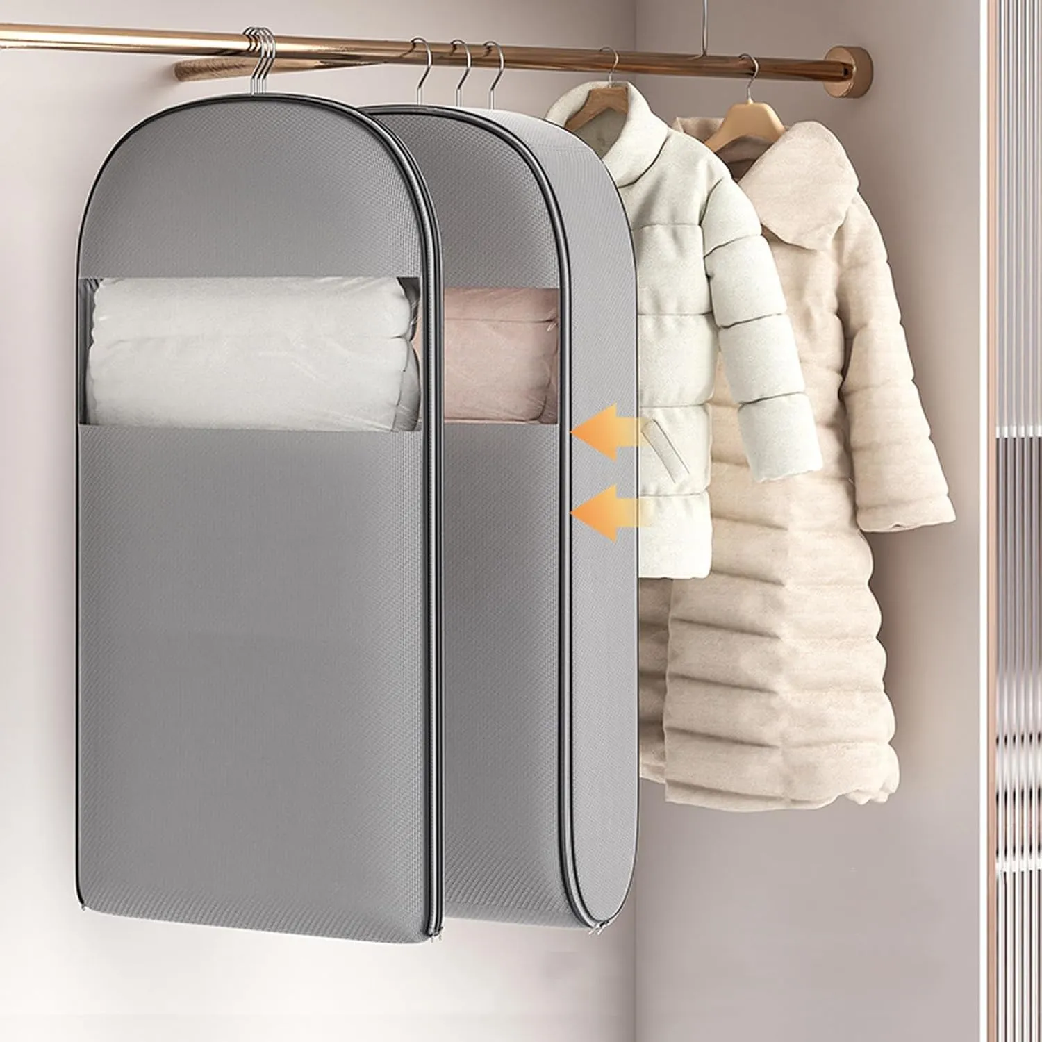 Space Saving Hanging Garment Bag with Self Compression Zipper, Winter Coat Storage, Heavy Duty Garment Bag for Down Coat, Dresses & Suits (Grey, M)