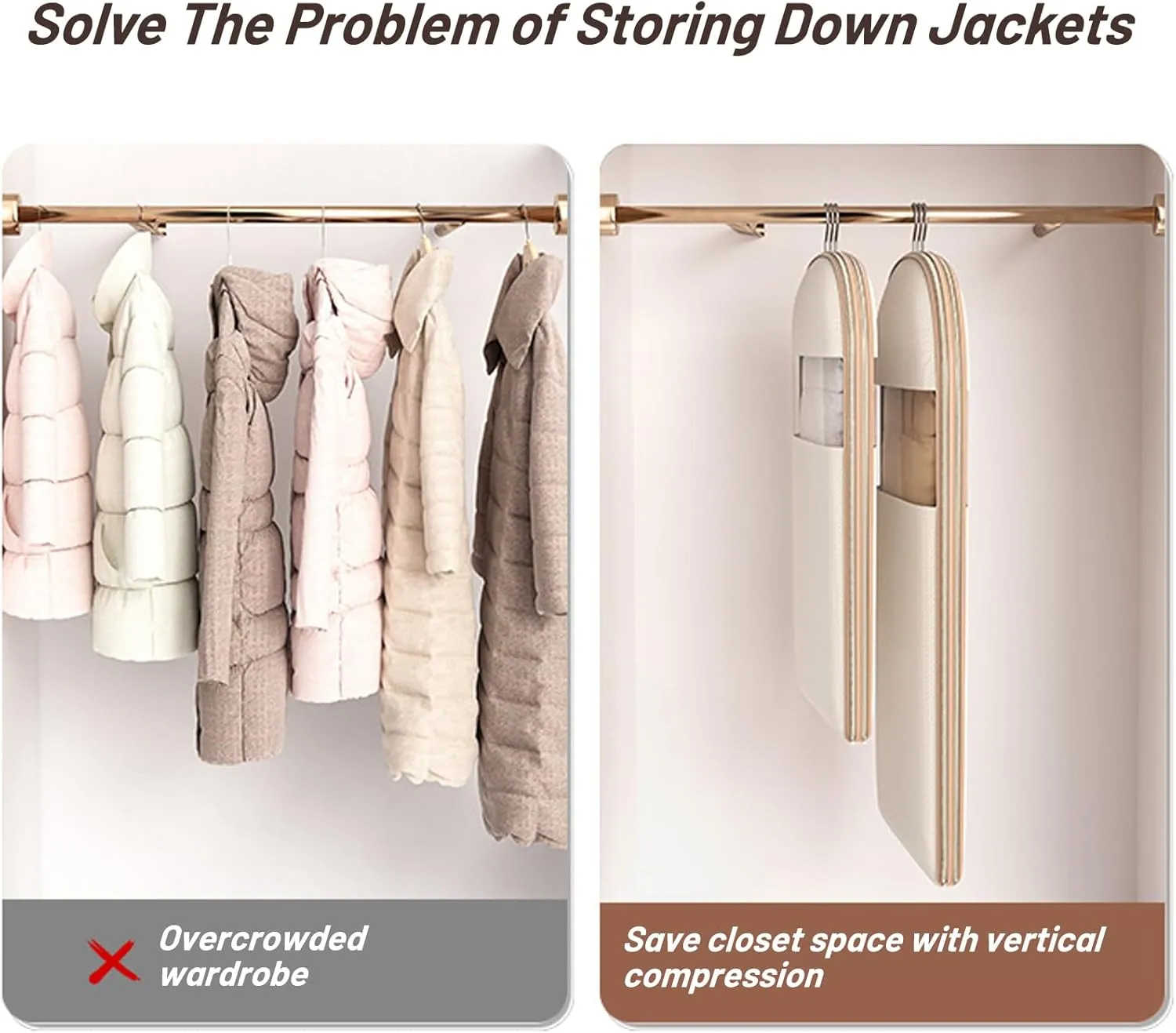 Space Saving Hanging Garment Bag with Self Compression Zipper, Winter Coat Storage, Heavy Duty Garment Bag for Down Coat, Dresses & Suits (Grey, M)
