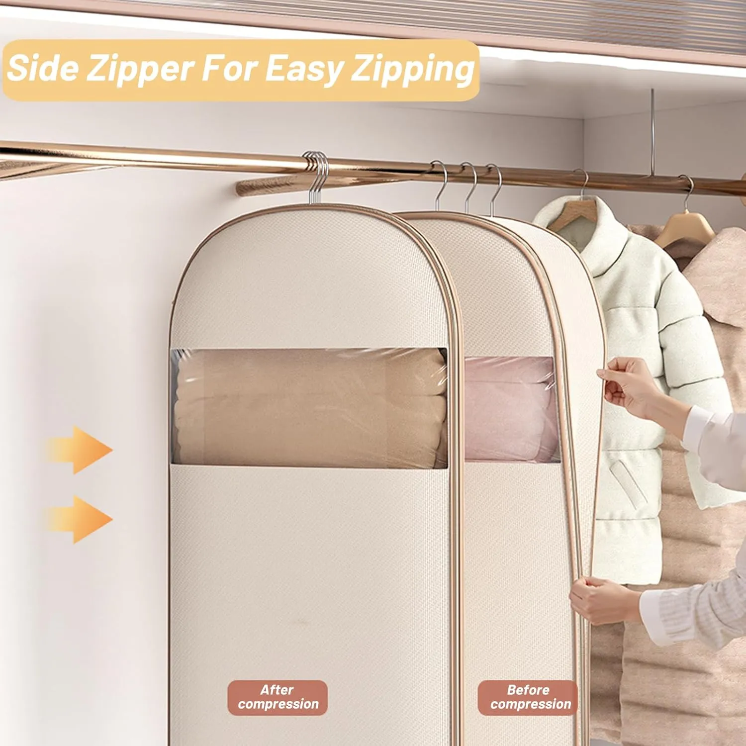 Space Saving Hanging Garment Bag with Self Compression Zipper, Winter Coat Storage, Heavy Duty Garment Bag for Down Coat, Dresses & Suits (Grey, M)