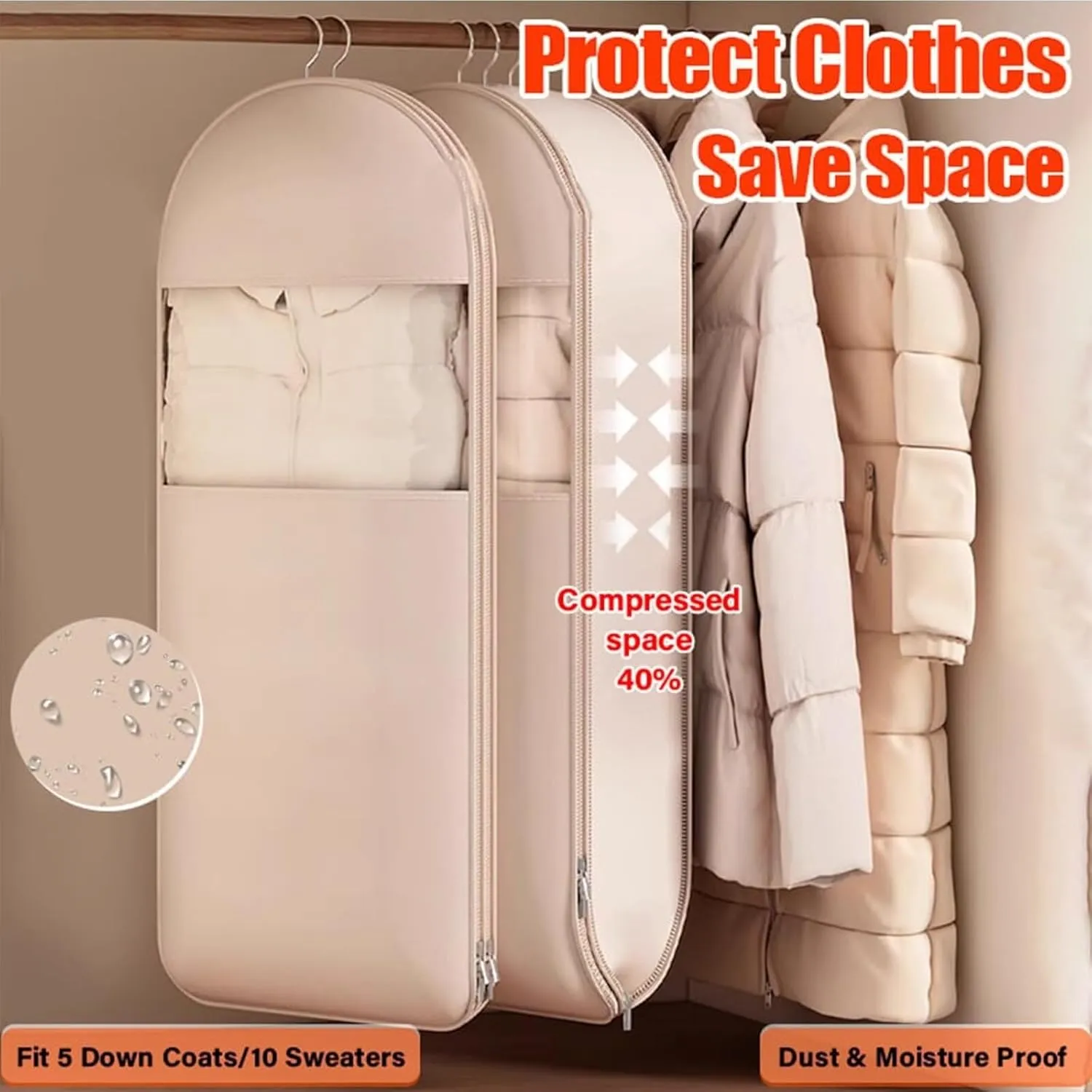 Space Saving Hanging Garment Bag with Self Compression Zipper,Dust Cover Clothes Bags for Down Coat,Space Saver Closet Organizers, for Closet Storage(Beige,M)