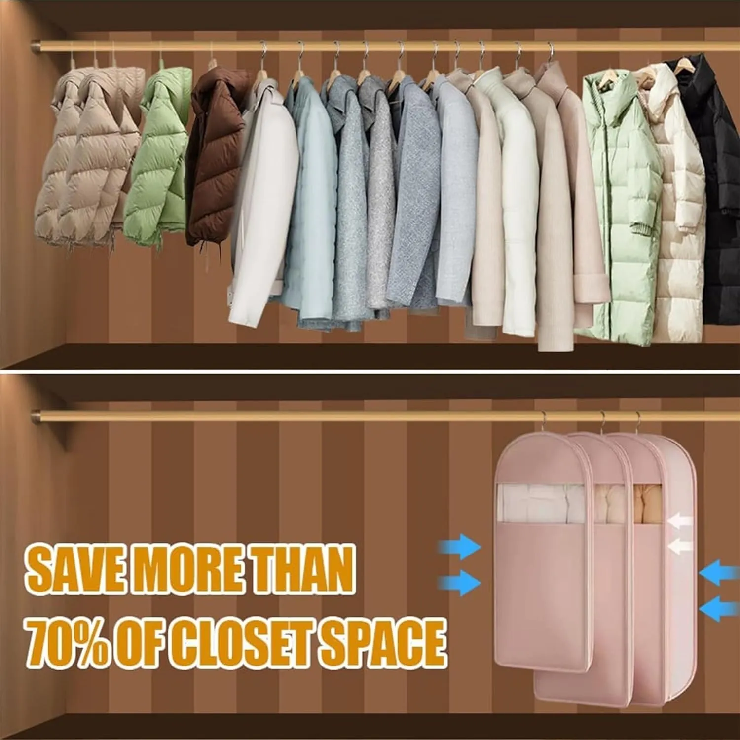 Space Saving Hanging Garment Bag with Self Compression Zipper,Dust Cover Clothes Bags for Down Coat,Space Saver Closet Organizers, for Closet Storage(Beige,M)