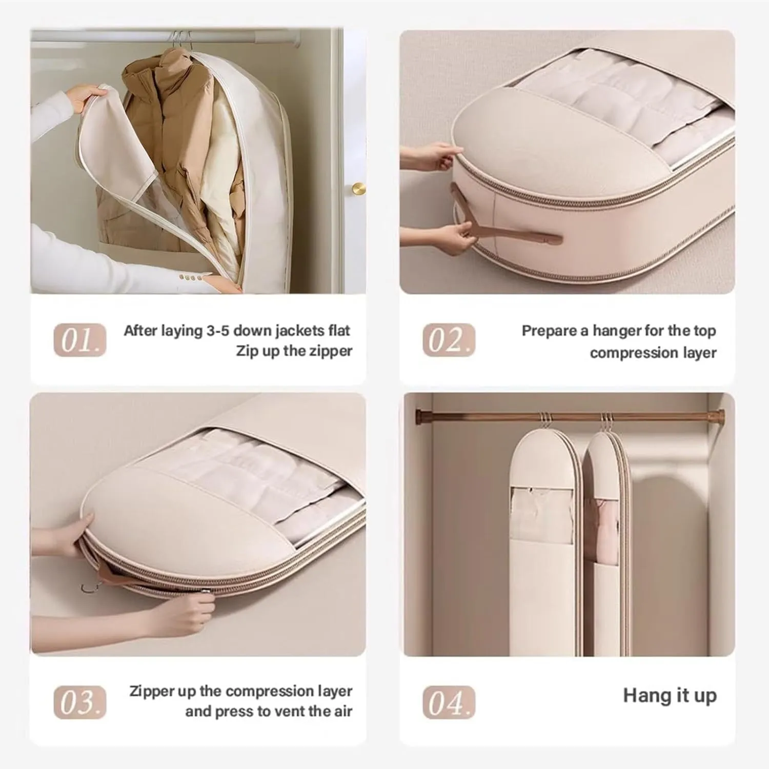 Space Saving Hanging Garment Bag with Self Compression Zipper,Dust Cover Clothes Bags for Down Coat,Space Saver Closet Organizers, for Closet Storage(Beige,M)