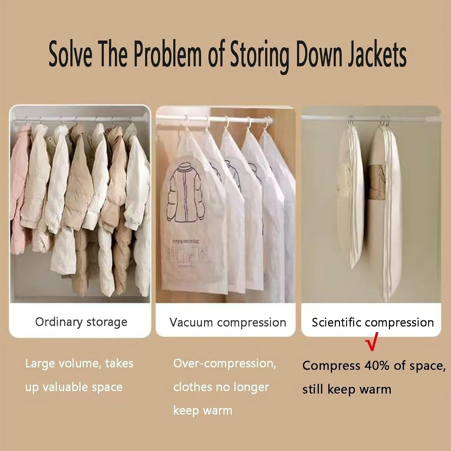 Space Saving Hanging Garment Bag with Self Compression Zipper,Dust Cover Clothes Bags for Down Coat,Space Saver Closet Organizers, for Closet Storage(Beige,M)