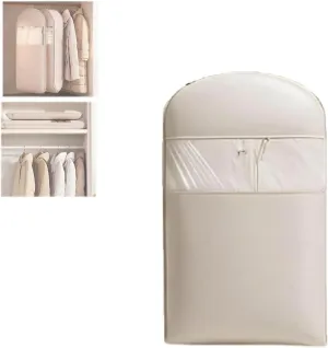 Space Saving Hanging Garment Bag with Self Compression Zipper,Space Saver Closet Organizers,Dust Cover Clothes Bags for Down Coat Winter Coat Storage(Beige,Medium)
