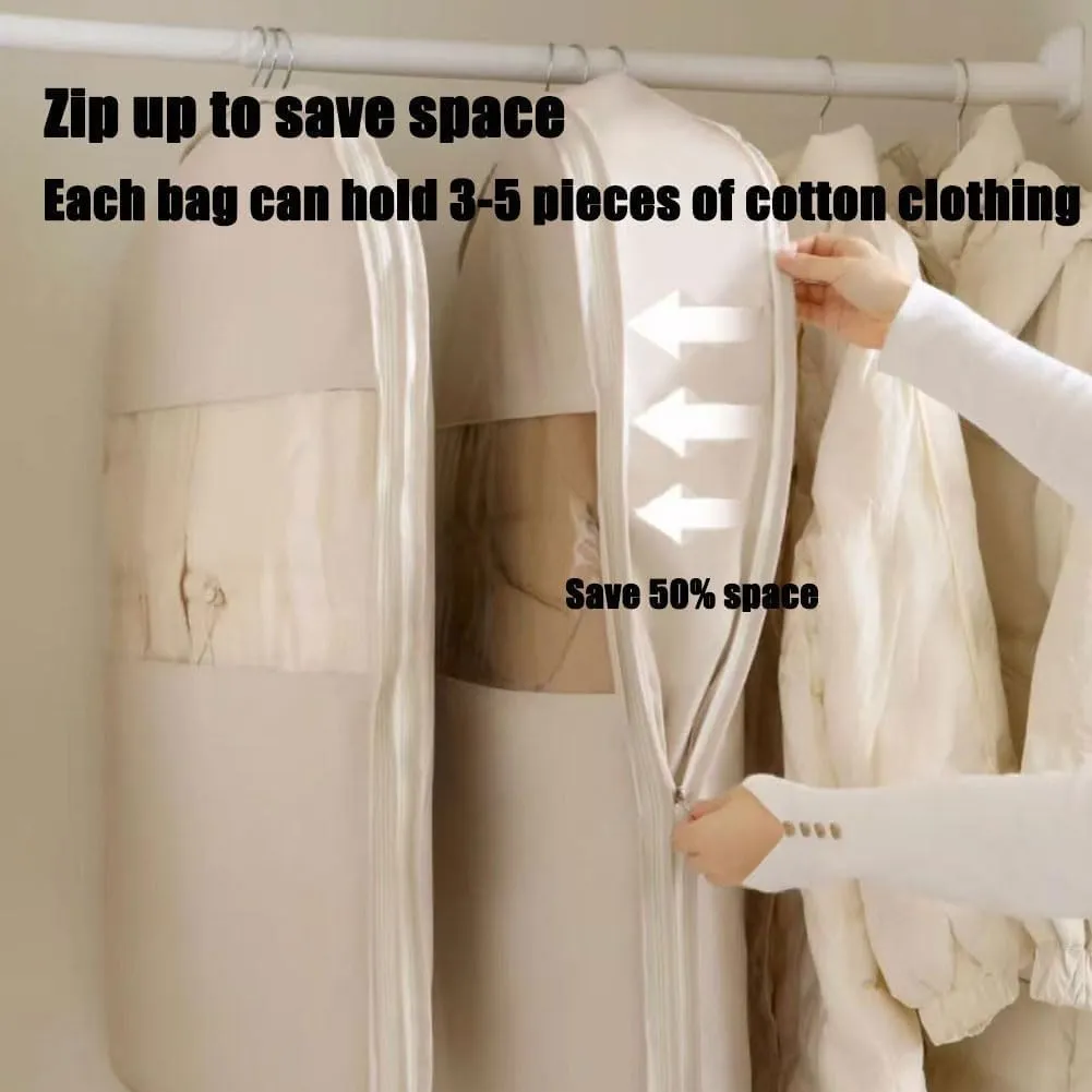 Space Saving Hanging Garment Bag with Self Compression Zipper,Space Saver Closet Organizers,Dust Cover Clothes Bags for Down Coat Winter Coat Storage(Beige,Medium)