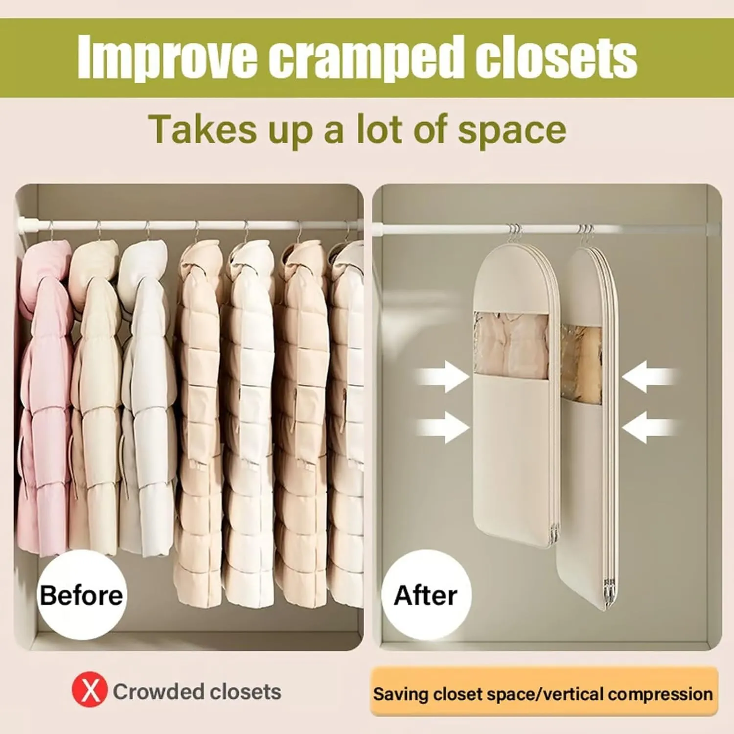 Space Saving Hanging Garment Bag with Self Compression Zipper,Space Saver Closet Organizers,Dust Cover Clothes Bags for Down Coat Winter Coat Storage(Beige,Medium)