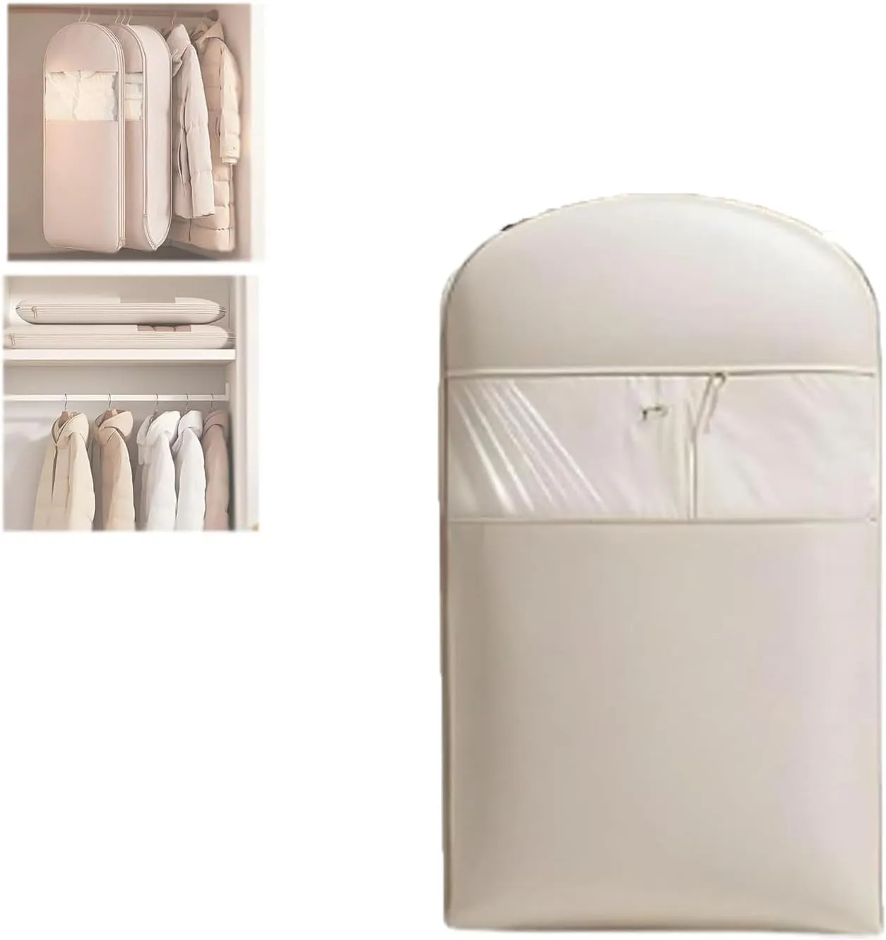 Space Saving Hanging Garment Bag with Self Compression Zipper,Space Saver Closet Organizers,Dust Cover Clothes Bags for Down Coat Winter Coat Storage(Beige,Medium)