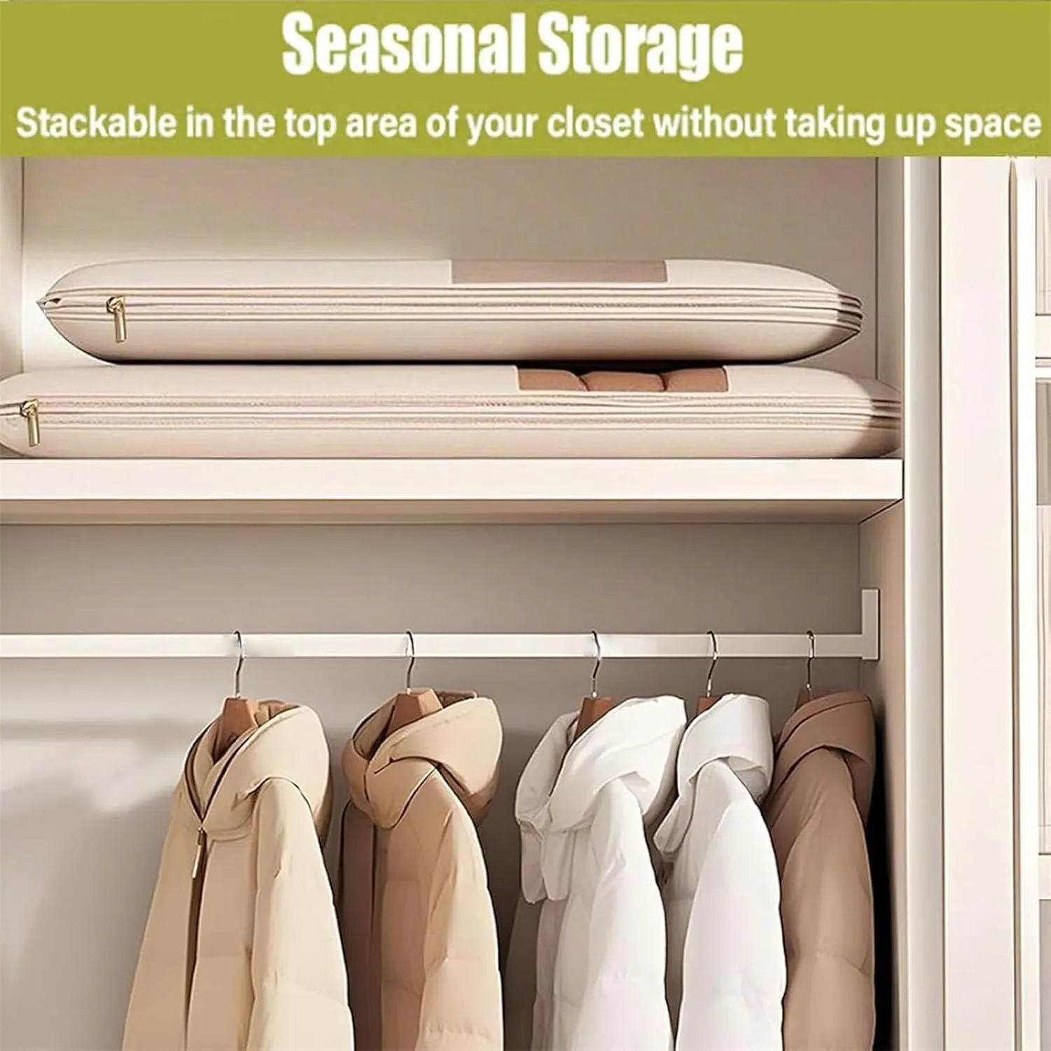 Space Saving Hanging Garment Bag with Self Compression Zipper,Space Saver Closet Organizers,Dust Cover Clothes Bags for Down Coat Winter Coat Storage(Beige,Medium)