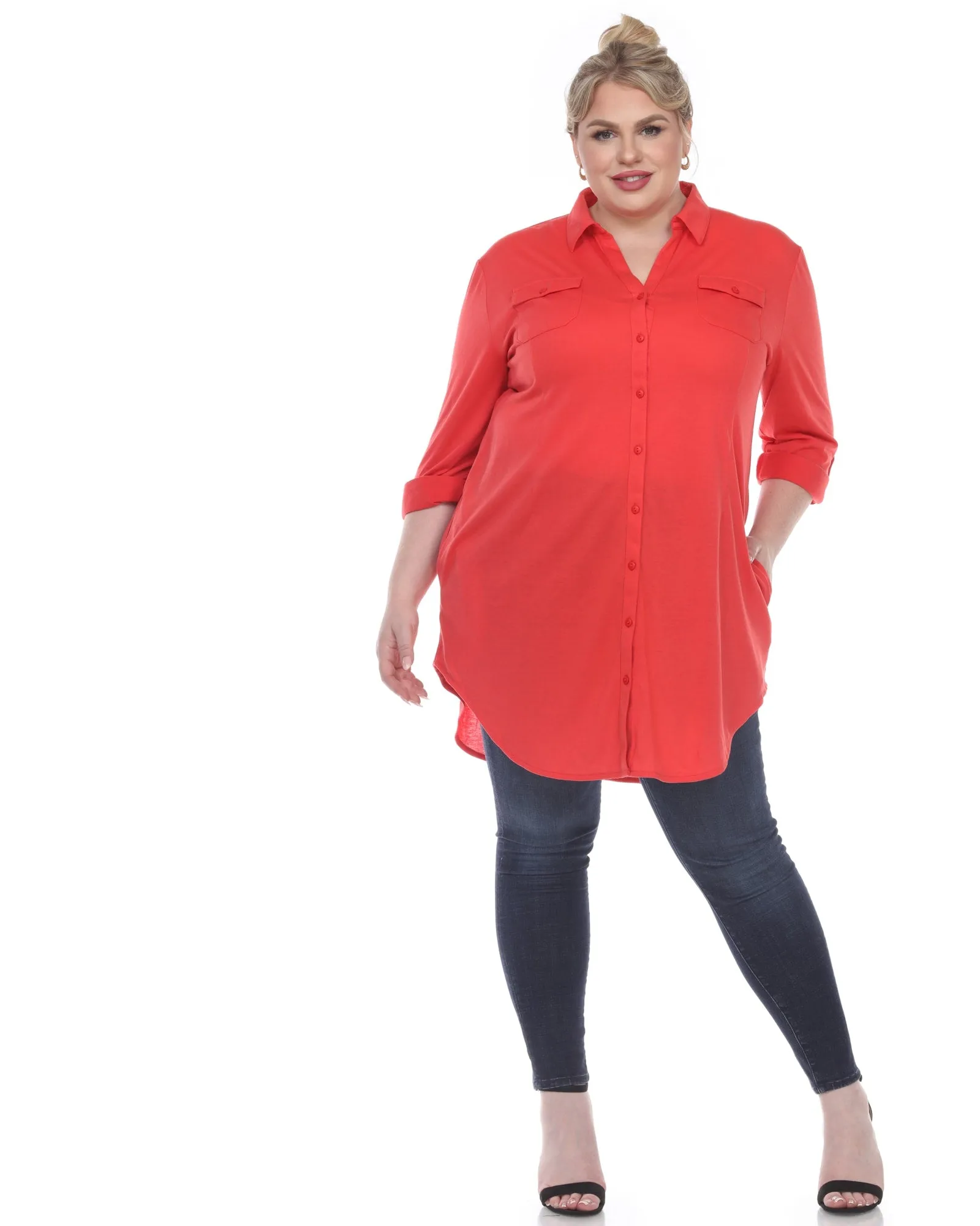 Stretchy Button Down Tunic Top | Red
