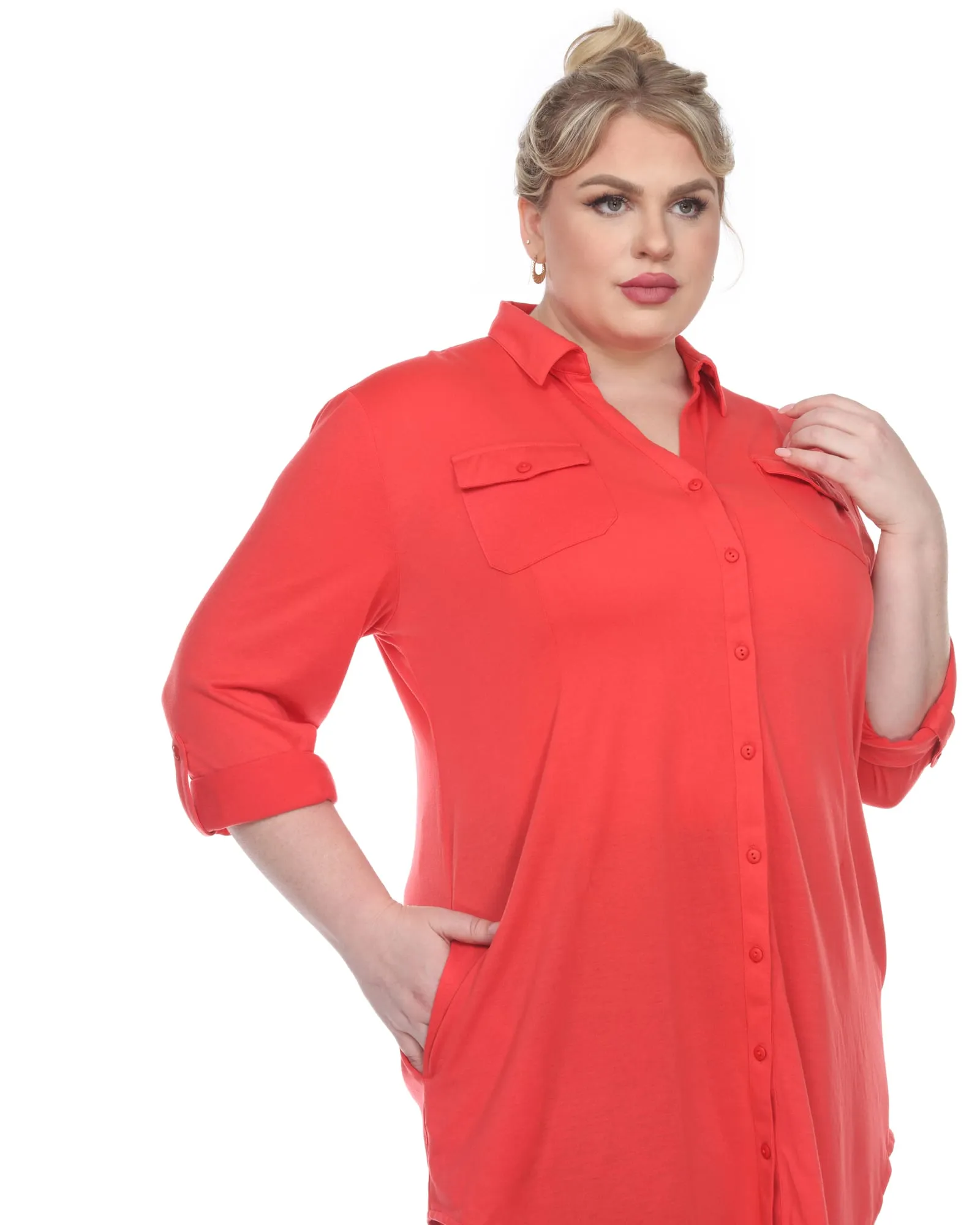 Stretchy Button Down Tunic Top | Red