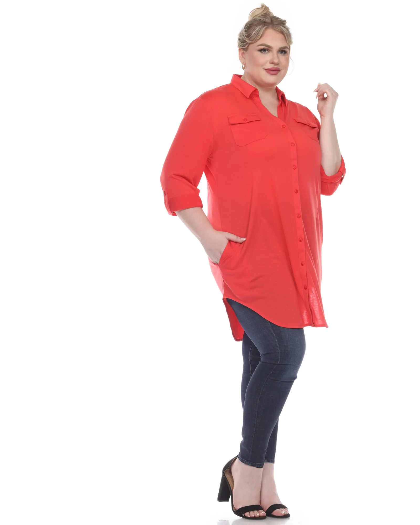 Stretchy Button Down Tunic Top | Red