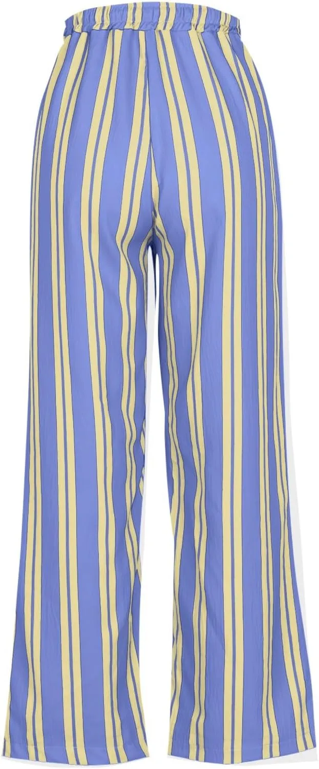 Striped Pants for Women Fashion Drawstring High Waist Palazzo Trousers with Pockets Loose Fit Wide Leg Lounge Pants