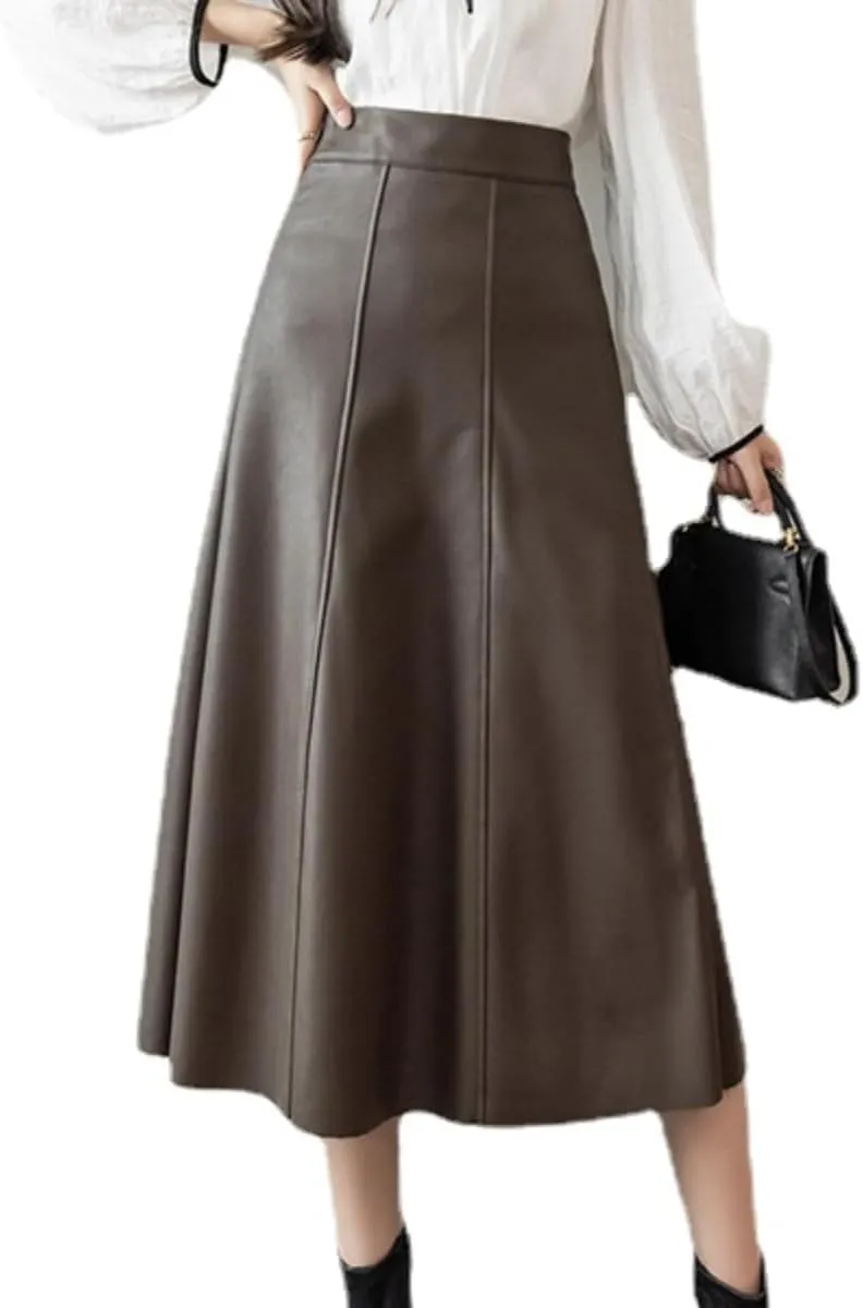 Sumleno Women's Casual High Waist A-line Long PU Leather Skirt Faux Leather Flared Midi Skirt