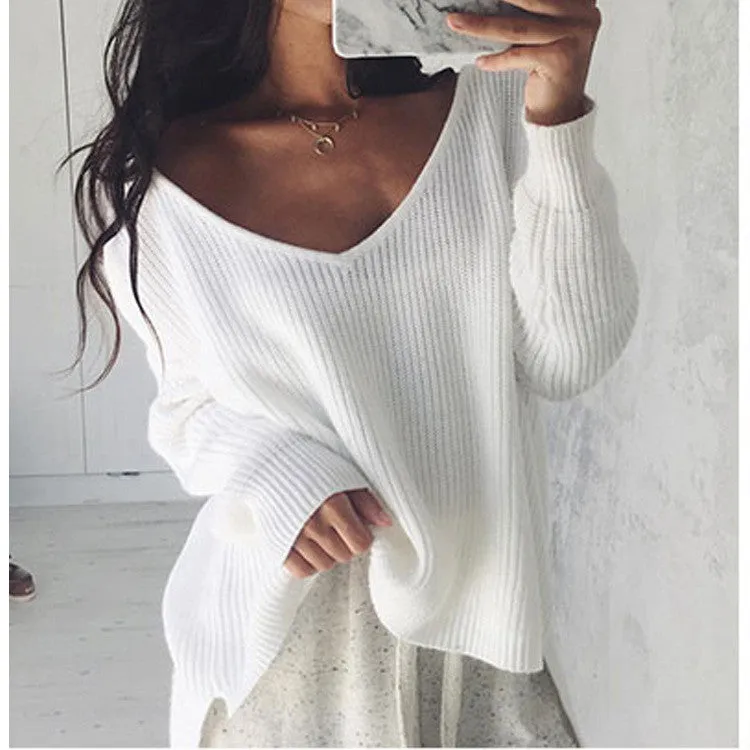 V-neck Irregular Long Sleeves Pure Color Loose Sweater