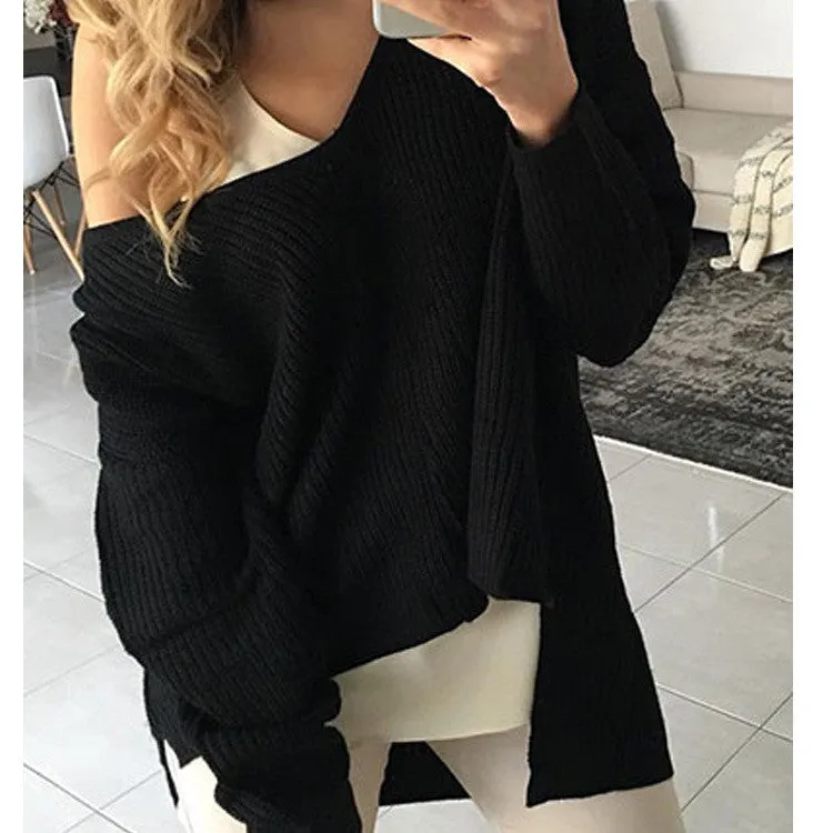 V-neck Irregular Long Sleeves Pure Color Loose Sweater