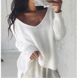 V-neck Irregular Long Sleeves Pure Color Loose Sweater