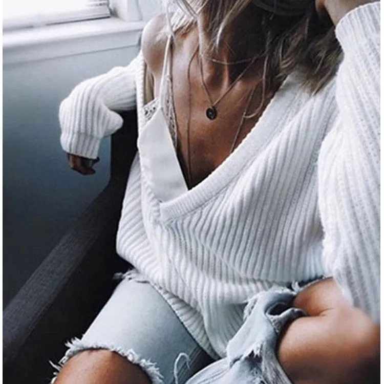V-neck Irregular Long Sleeves Pure Color Loose Sweater