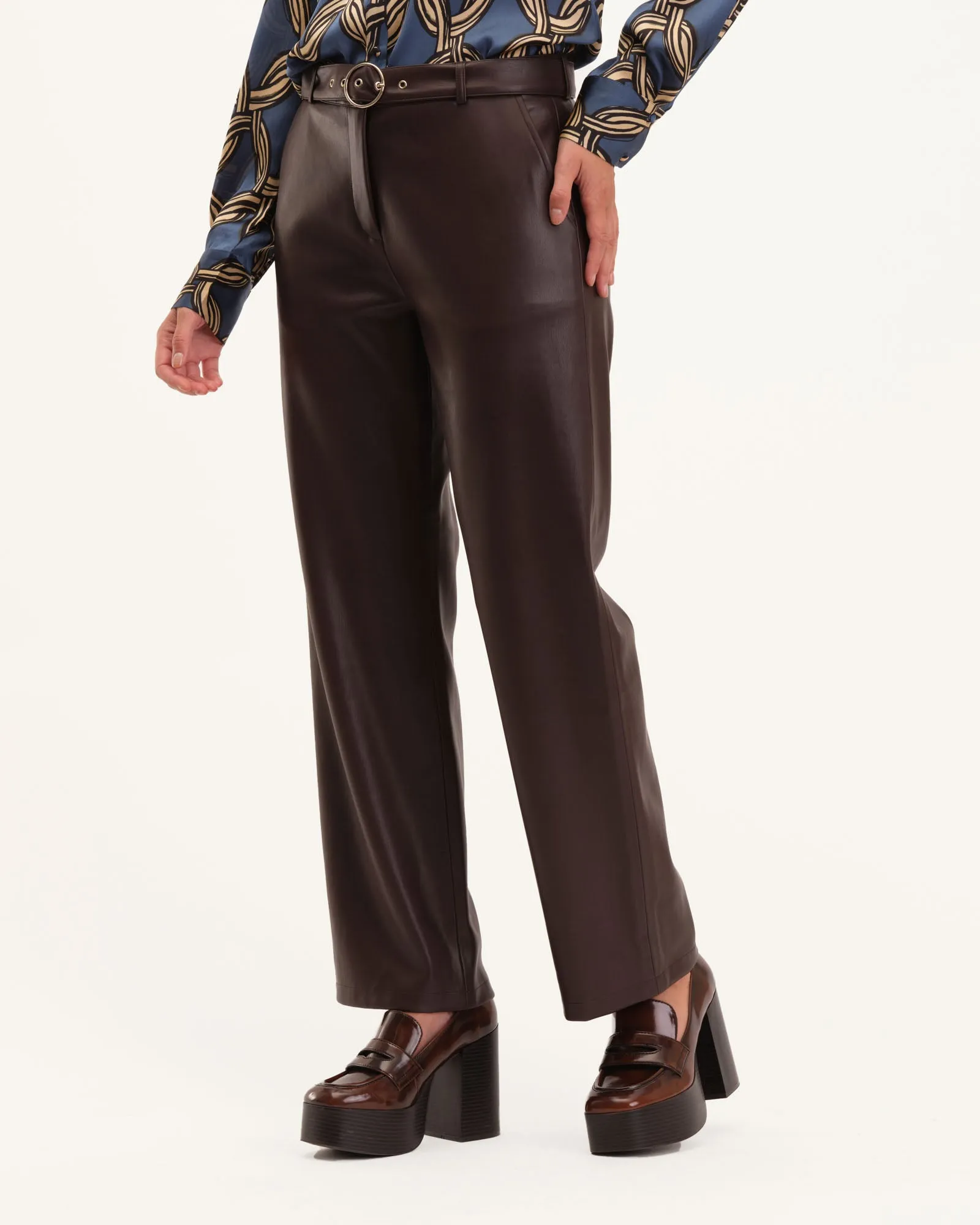 Vegan Leather Slim Pant with Self Belt