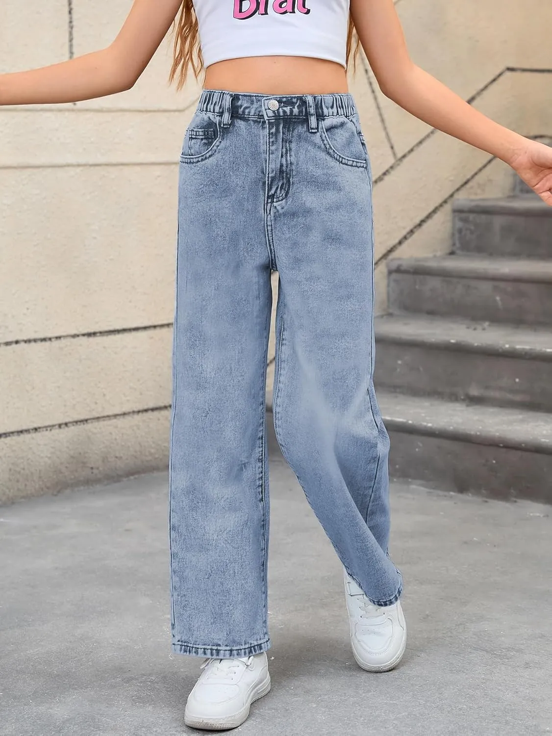 WDIRARA Girl's Bow Print Back Zipper Fly Elastic High Waist Denim Pants Basic Wide Leg Jeans