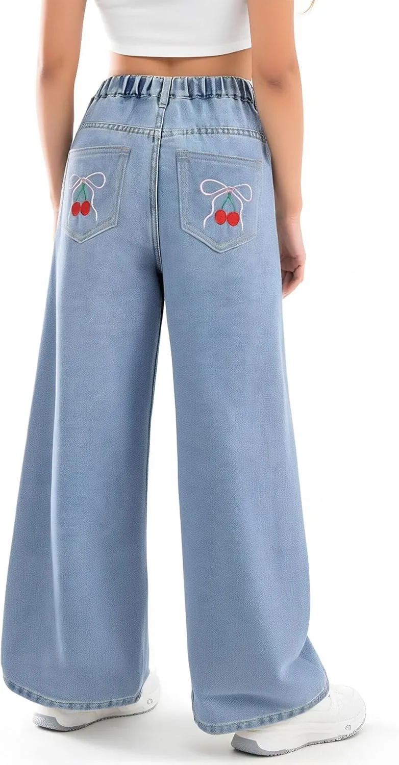 WDIRARA Girl's Bow Print Back Zipper Fly Elastic High Waist Denim Pants Basic Wide Leg Jeans