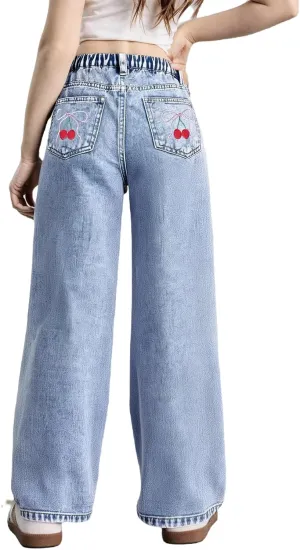 WDIRARA Girl's Bow Print Back Zipper Fly Elastic High Waist Denim Pants Basic Wide Leg Jeans