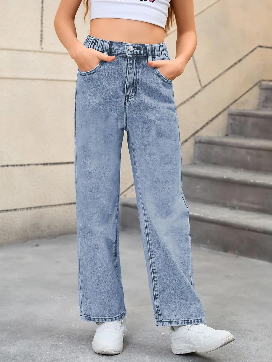 WDIRARA Girl's Bow Print Back Zipper Fly Elastic High Waist Denim Pants Basic Wide Leg Jeans