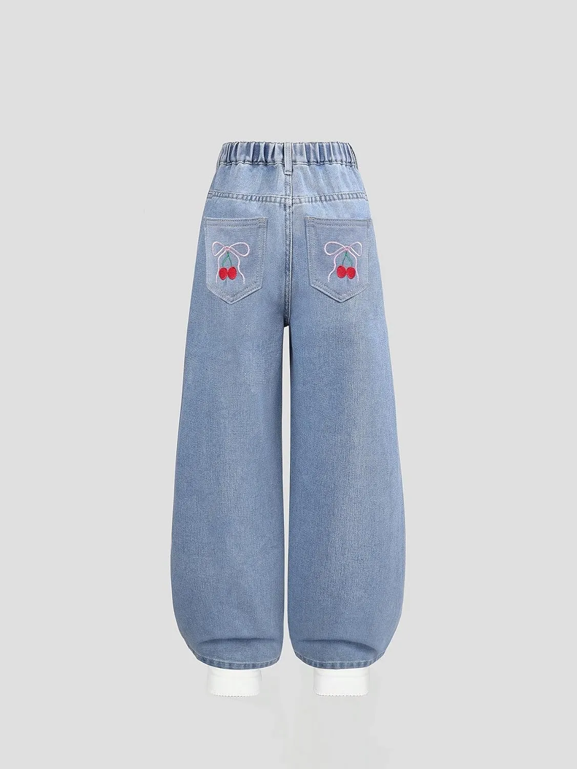 WDIRARA Girl's Bow Print Back Zipper Fly Elastic High Waist Denim Pants Basic Wide Leg Jeans