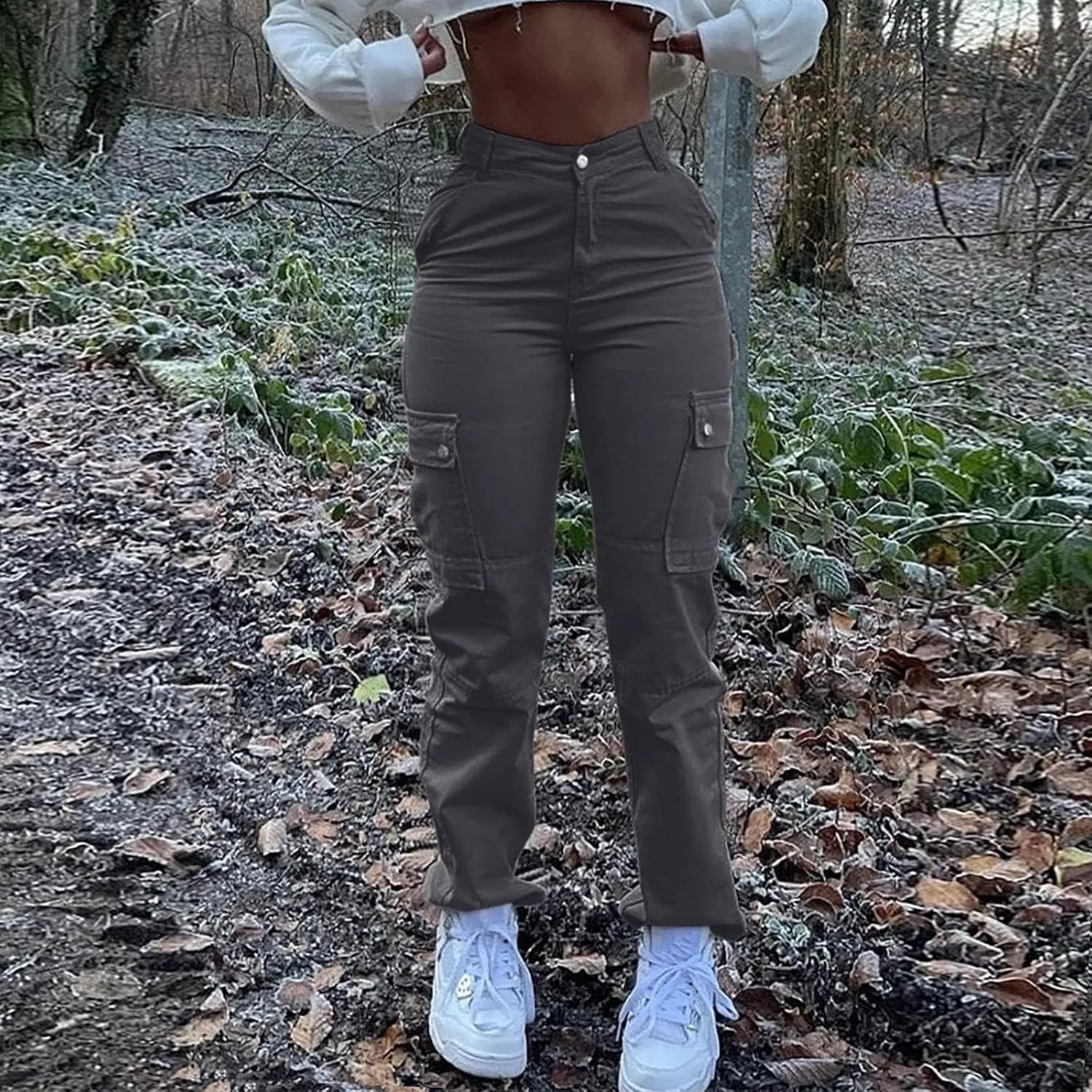 Women Fashion Streetwear Pockets High Waist Straight Vintage Baggy Trousers Cargo Pants Pants with Pockets for