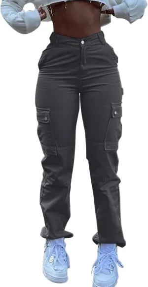 Women Fashion Streetwear Pockets High Waist Straight Vintage Baggy Trousers Cargo Pants Pants with Pockets for