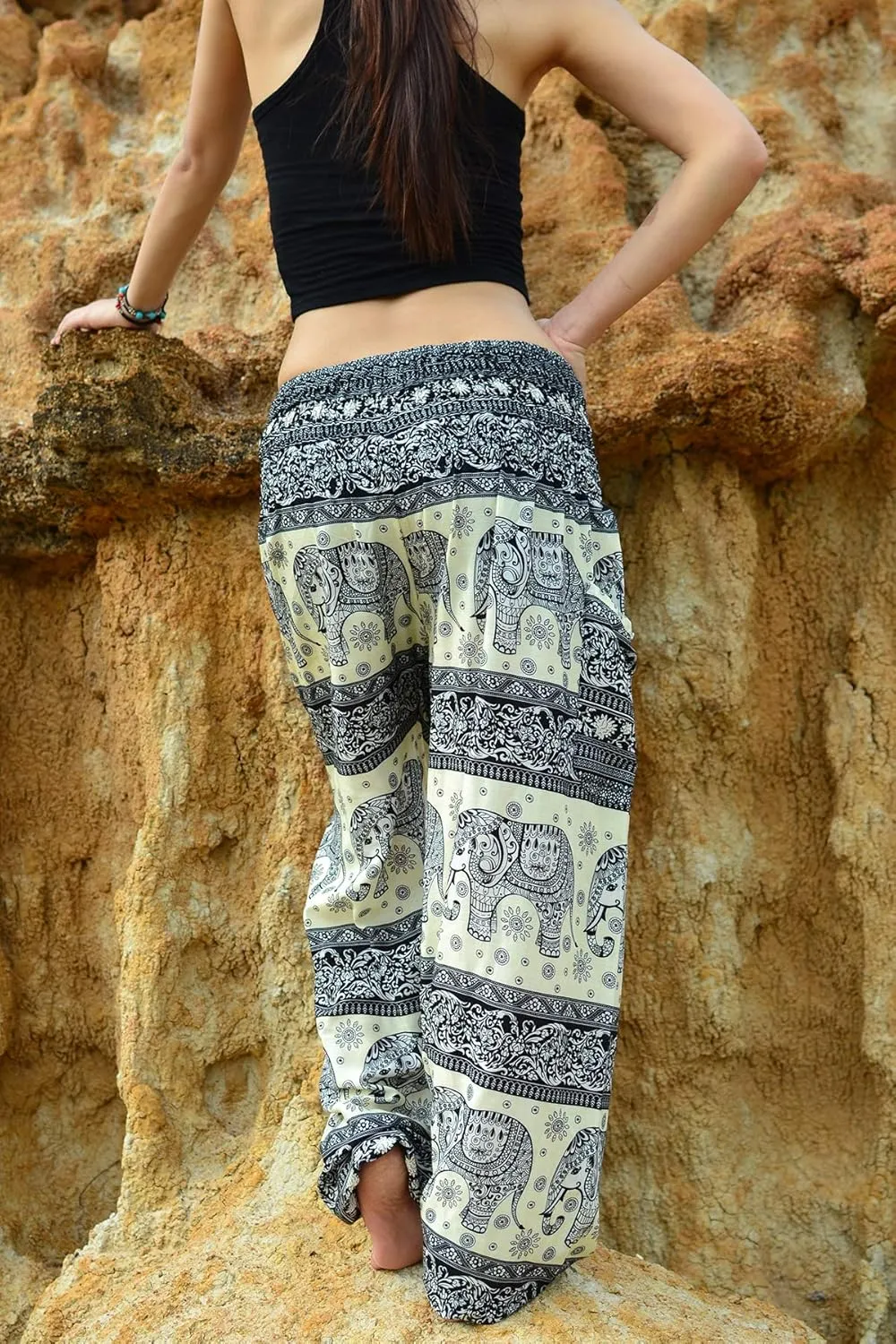 Women Harem Pant Boho Genie Aladdin Smocked Waist Yoga Trousers