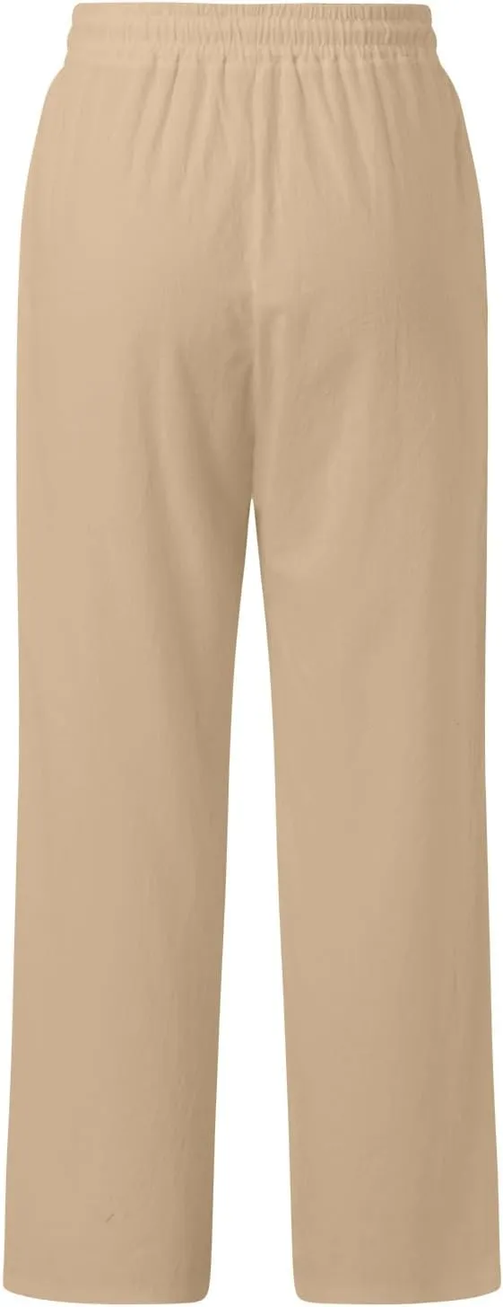 Women Linen Summer Printed Palazzo Pants Elastic Waisted Stretchy Plus Size Palazzo Pants Travel