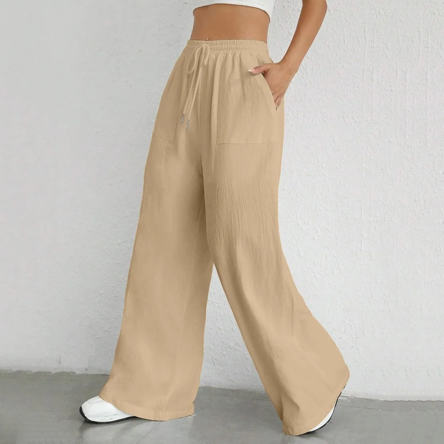 Women Linen Summer Printed Palazzo Pants Elastic Waisted Stretchy Plus Size Palazzo Pants Travel