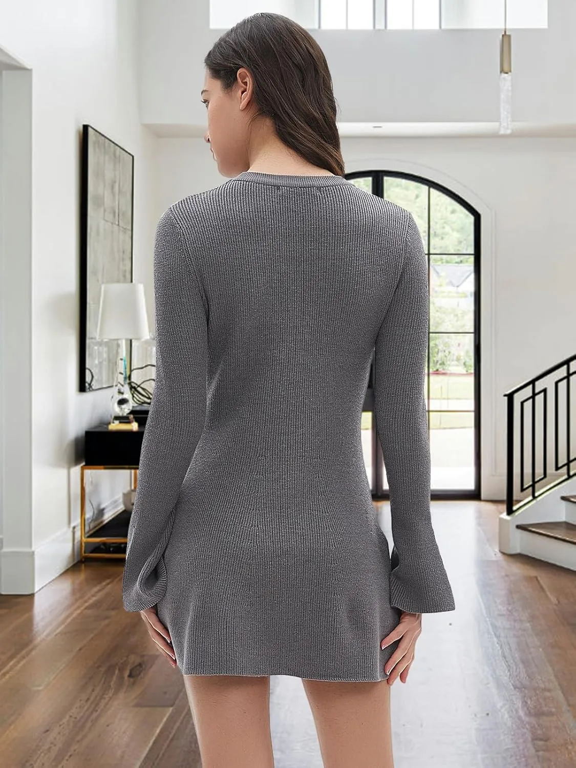 Women Spring Fall Winter Casual Sweater Dress Crew Neck Mini A-Line Knit Flare Sleeve Pullover Sweaters Dresses