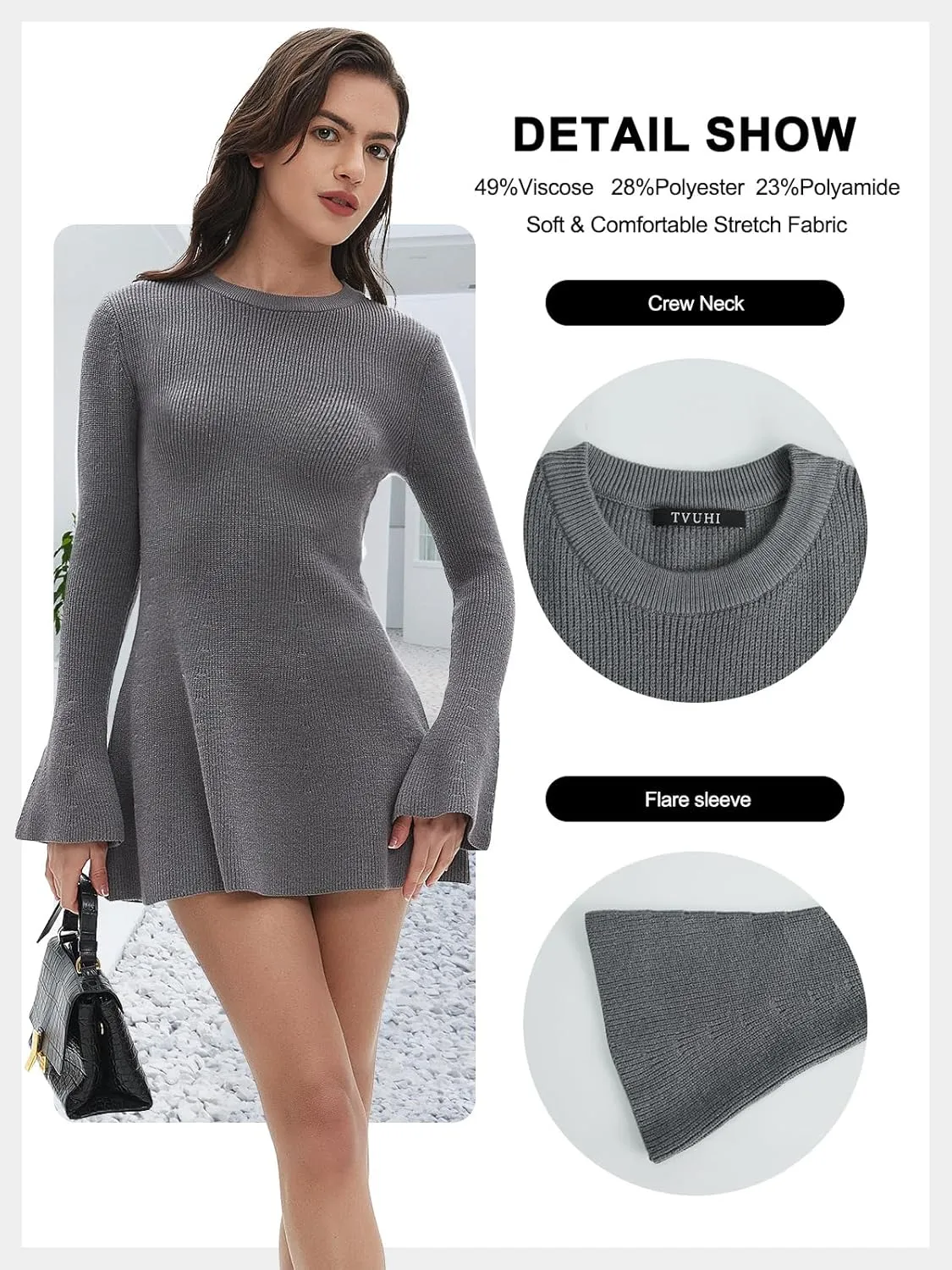 Women Spring Fall Winter Casual Sweater Dress Crew Neck Mini A-Line Knit Flare Sleeve Pullover Sweaters Dresses