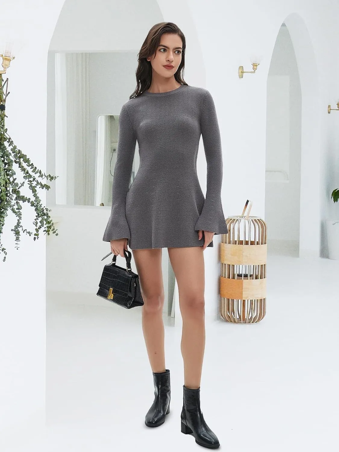 Women Spring Fall Winter Casual Sweater Dress Crew Neck Mini A-Line Knit Flare Sleeve Pullover Sweaters Dresses