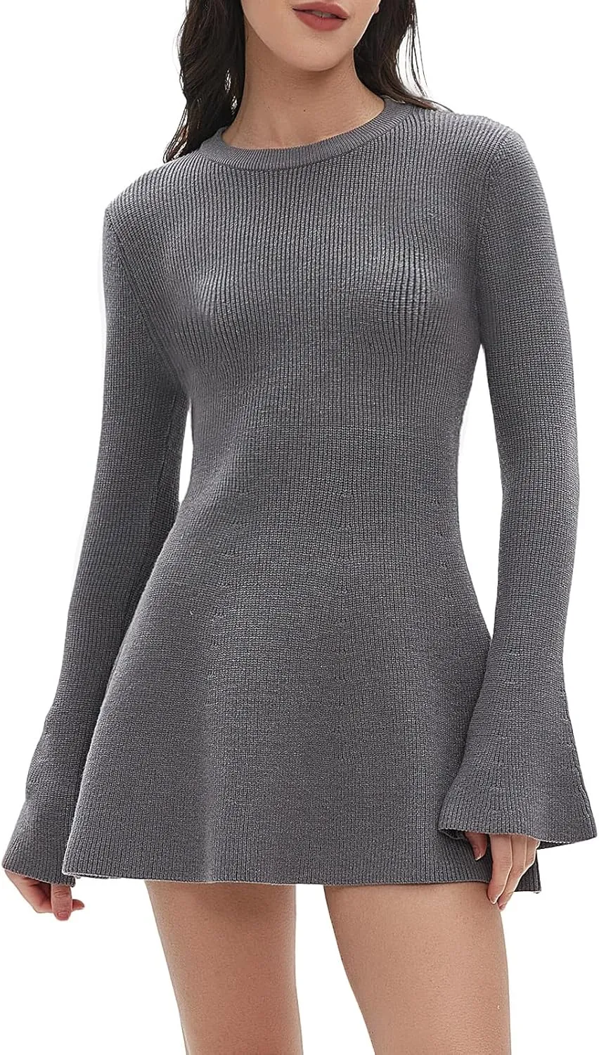 Women Spring Fall Winter Casual Sweater Dress Crew Neck Mini A-Line Knit Flare Sleeve Pullover Sweaters Dresses