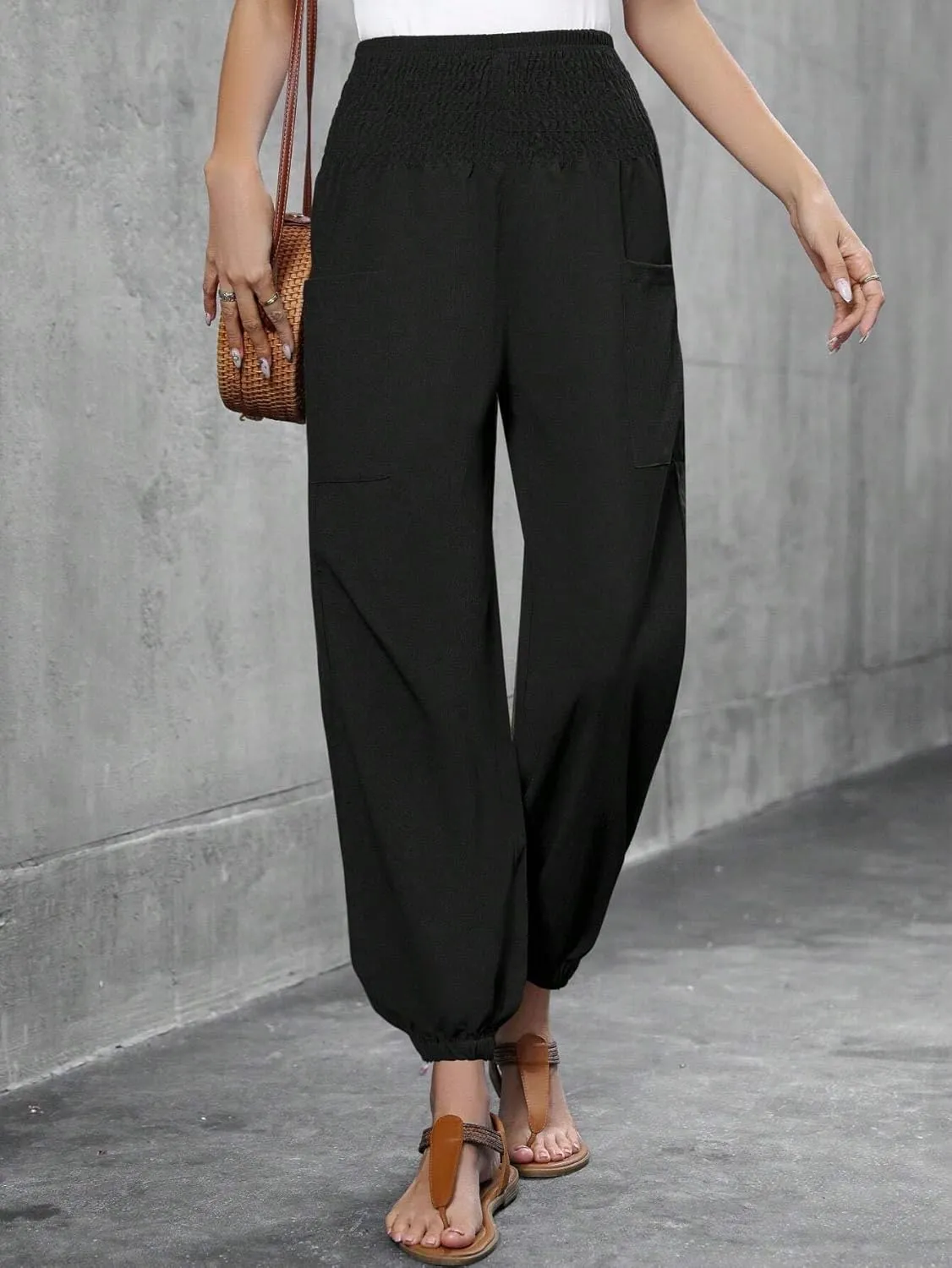 Women's casual sports work pants Elastic Waist Nine-Point Pants Double Pocket Harem Pants