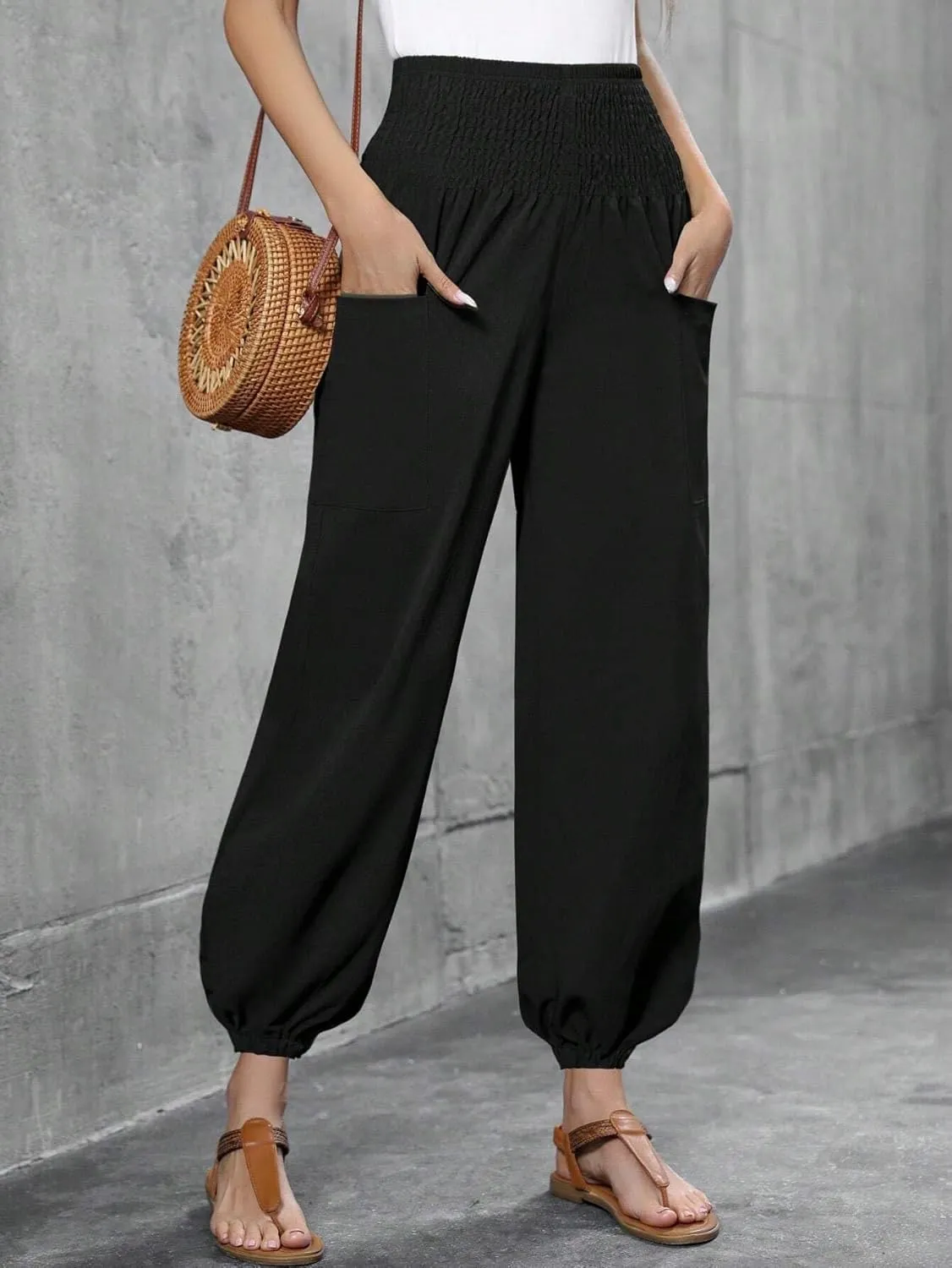 Women's casual sports work pants Elastic Waist Nine-Point Pants Double Pocket Harem Pants