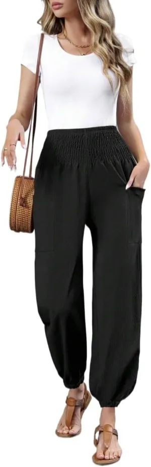 Women's casual sports work pants Elastic Waist Nine-Point Pants Double Pocket Harem Pants