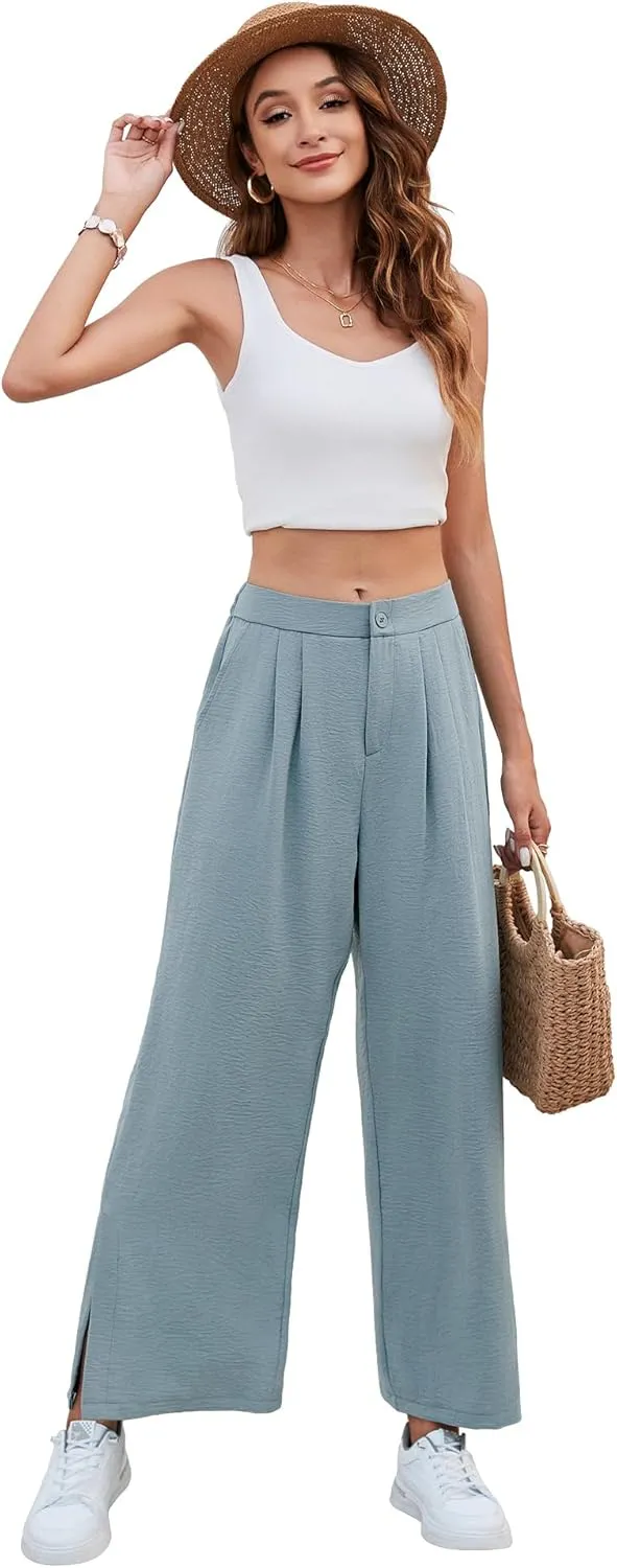Women's Casual Wide Leg Pants Elastic High Waist Button Up Capri Palazzo Trousers with Pockets