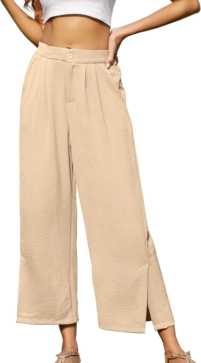 Women's Casual Wide Leg Pants Elastic High Waist Button Up Capri Palazzo Trousers with Pockets