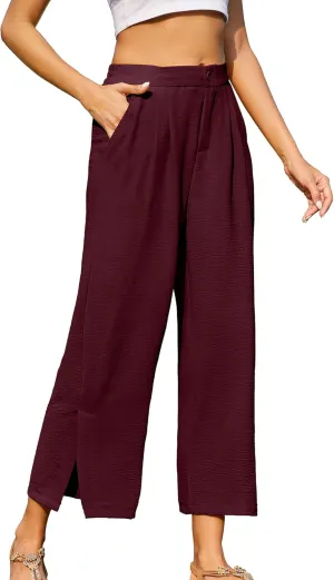 Women's Casual Wide Leg Pants Elastic High Waist Button Up Capri Palazzo Trousers with Pockets