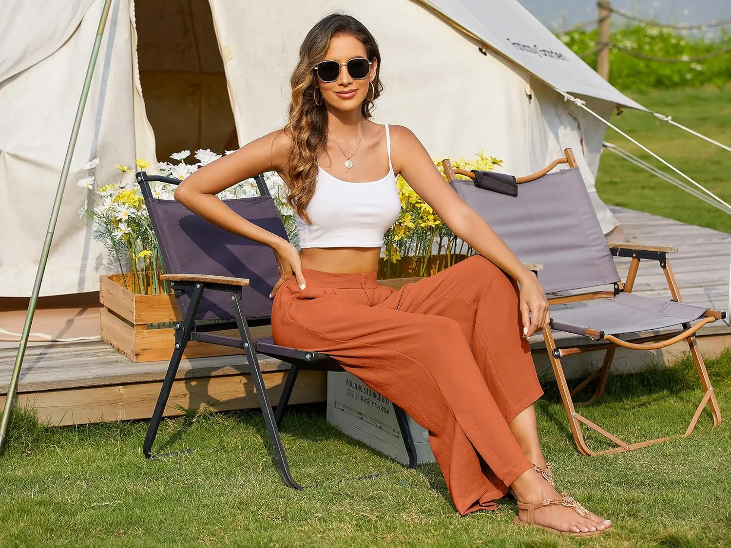 Women's Casual Wide Leg Pants Elastic High Waist Button Up Capri Palazzo Trousers with Pockets