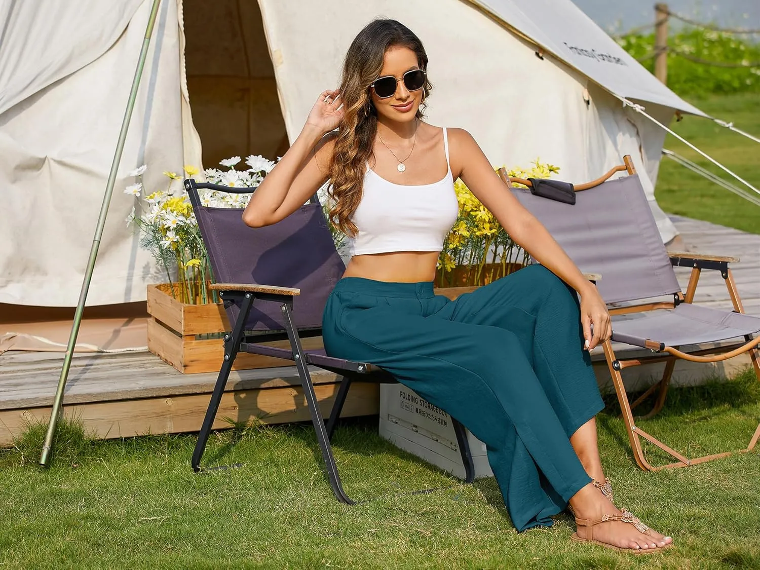 Women's Casual Wide Leg Pants Elastic High Waist Button Up Capri Palazzo Trousers with Pockets