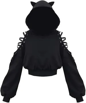 Women's Cat Ear Hoodie Pullover Long Sleeve Off Shoulder Cute Crop Top Hoodies Sweatshirt