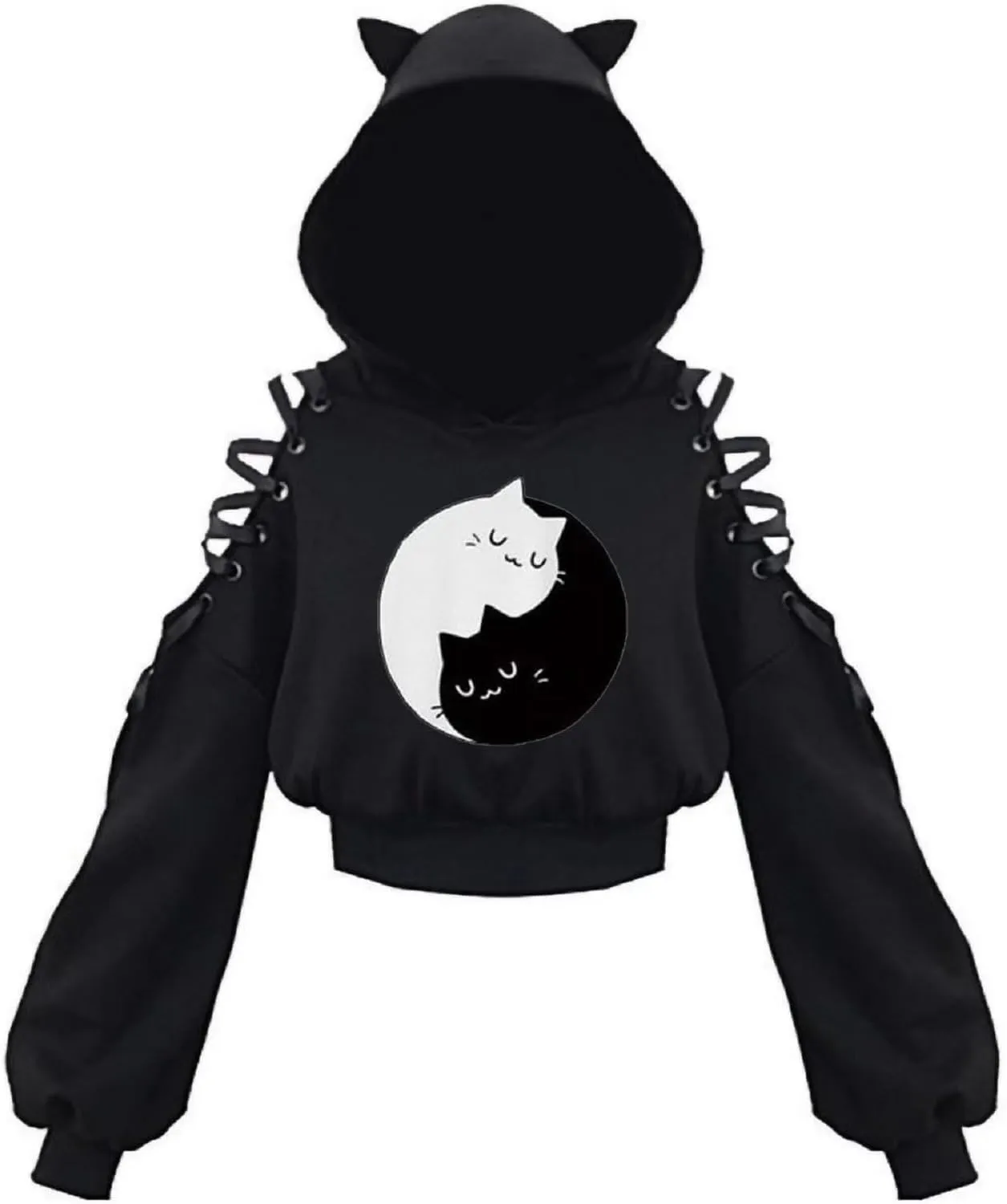 Women's Cat Ear Hoodie Pullover Long Sleeve Off Shoulder Cute Crop Top Hoodies Sweatshirt