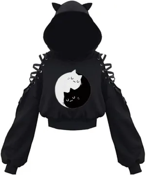 Women's Cat Ear Hoodie Pullover Long Sleeve Off Shoulder Cute Crop Top Hoodies Sweatshirt