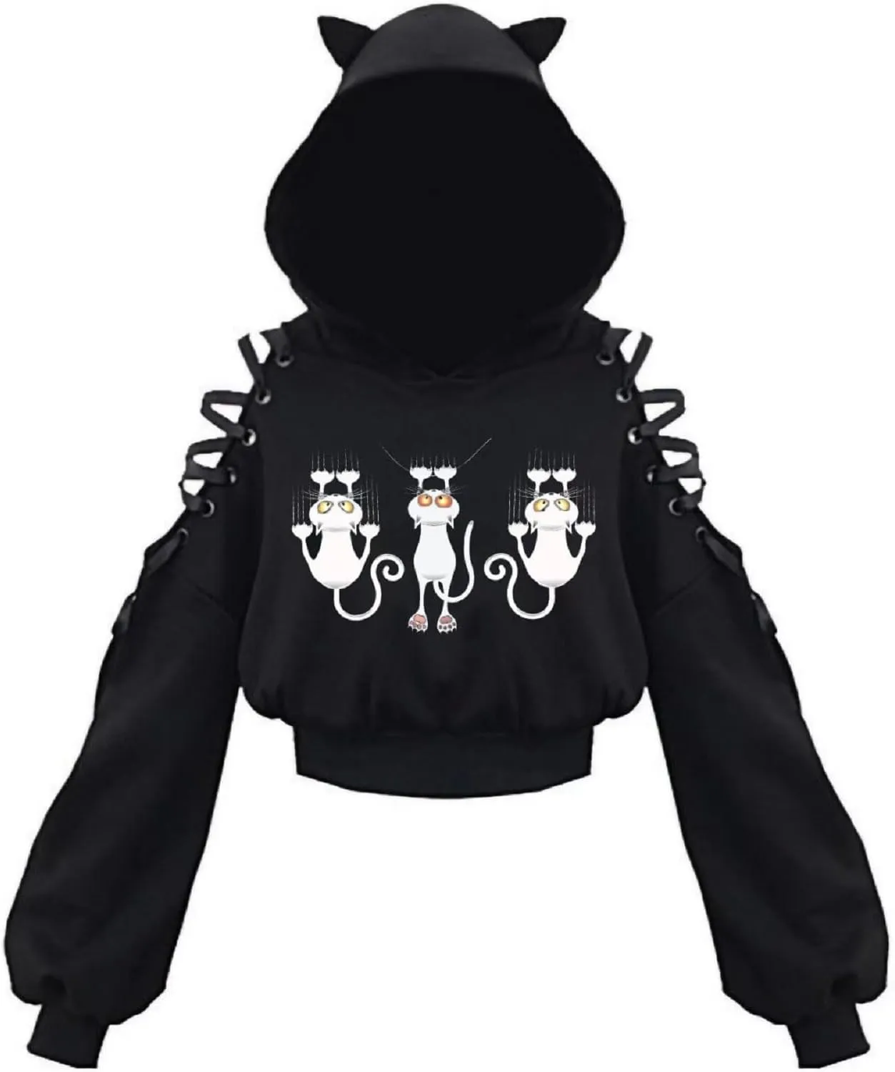 Women's Cat Ear Hoodie Pullover Long Sleeve Off Shoulder Cute Crop Top Hoodies Sweatshirt